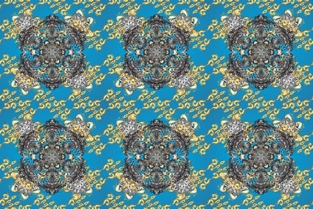 Paisleys elegant floral raster seamless pattern background wallpaper illustration with vintage stylish beautiful modern 3d line art gold and blue, gray and neutral paisley flowers leaves and ornamentsの写真素材