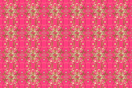 Golden pattern on pink, beige and brown colors with golden elements. Raster golden textile print....