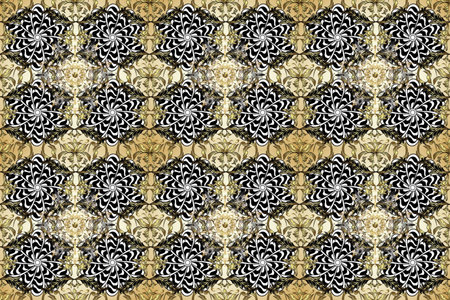 Vintage seamless pattern on a black, beige and gray colors with golden elements. Raster illustration.の写真素材