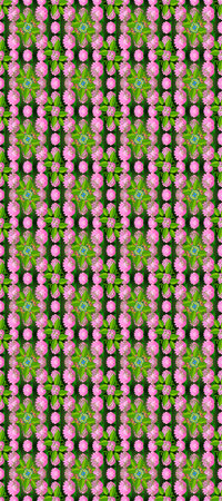 Seamless raster floral pattern with pink lotuses and green leaves arranged symmetrically on a dark...