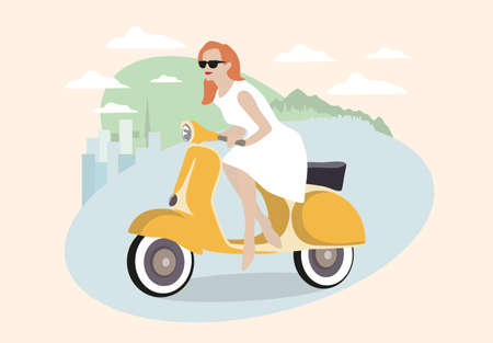 Girl on a yellow scooter illustrationのイラスト素材