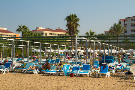Turkey. Side. 10 August 2015. The Deck chairs on the beachのeditorial素材
