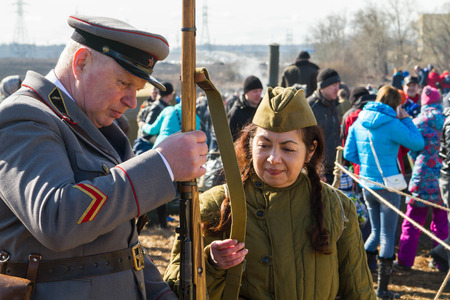 Russia. St. Petersburg. 3 April 2016. Reconstruction of military hostilitiesのeditorial素材