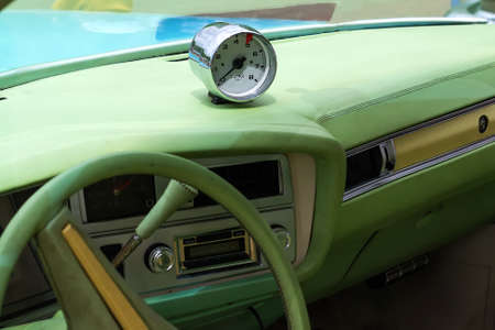 Salon old retro car. Close-up. Cars. Details Car backgroundの写真素材