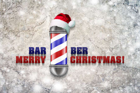 Barber Pole with Santa Claus hat on a gray background. Inscription, Barber Merry Christmas. Greeting card Happy New Year and Merry Christmas for a hairdresser and barber shop. The effect of snow.の写真素材