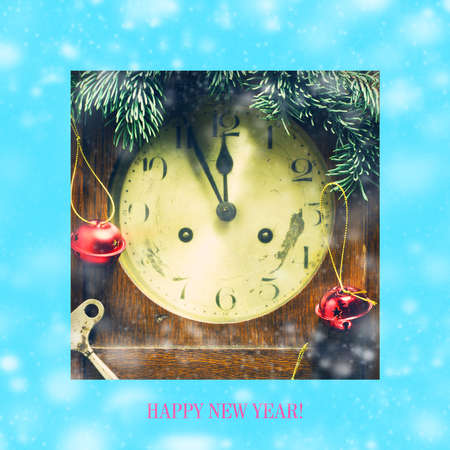 Christmas card with old clock and Christmas-tree toy. Holidays. Backgrounds