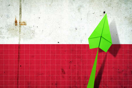 Upward arrow on the background of the flag of Poland. Paper plane. Economic recovery. Copy space.3D...