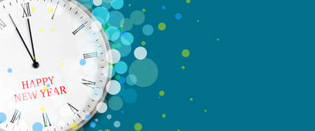 Hands of the clock on the 12. Blue background. Multi-colored glare. New Year's banner. Copy space....