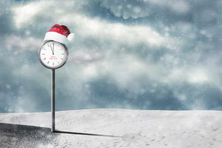 Street clock, with hands at 12, wearing a Santa hat. Cloudy sky. Snow. Abstract New Year card. Copy...