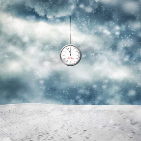 Clock, with arrows at 12, in a cloudy sky. Abstract Christmas background. Festive background.の写真素材