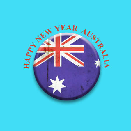 Happy New Year Australia. Australian flag, round badge on a light blue background. Isolated.3D illustration. Festive background.の写真素材