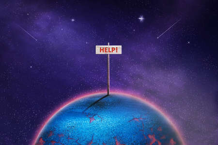 Planet in the cosmic sky with a wooden sign. Word Help. Abstract concept of environmental pollution. Ecology.の写真素材