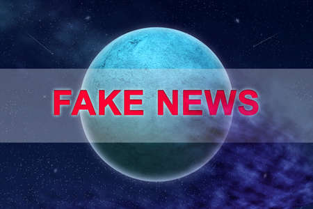Fake news. Concept with a planet in the cosmic sky. 3D illustration. Communication. Technologiesの写真素材