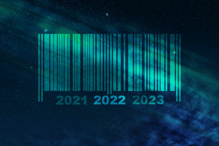 2021.2022.2023. Numbers and barcode in the starry sky. Concept for the coming of the New Year 2022.の写真素材