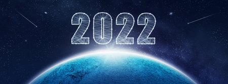 2022, numbers on the planet in space. New Year concept. Abstract background with stars and planet. Christmas background. Festive background.3D illustration. Background.の写真素材