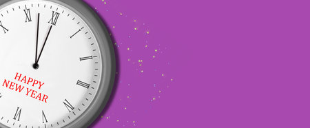 Hands of the clock at 12. Purple background. New year banner. Copy space. Place for your text. Festive background. Background.の写真素材