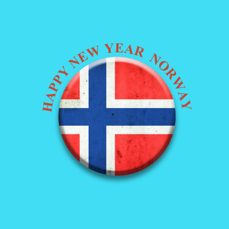 Happy New Year Norway. Norway flag, round badge on a light blue background. Isolated.3D illustration. Festive background.の写真素材