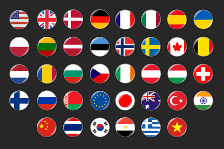 Set of round badges with flags of different countries. Isolated on a gray background.3D illustration.Design element. Signs and Symbols. Flags.の写真素材