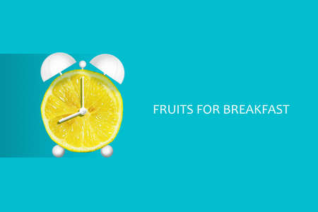 Lemon in the form of an alarm clock. Fruits for breakfast. The concept of healthy eating. Diets Fresh natural fruits. Fruit background.の写真素材