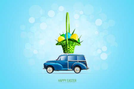 Easter background, with a blue car with Easter multicolored eggs in a basket on the trunk. Blue background. Copy space. Festive background.の写真素材