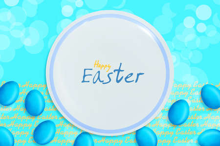 Happy Easter background with multicolored Easter eggs and a white plate on a blue background. Copy space. Easter card. Easter background. Background.の写真素材