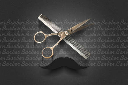 Hairdressing scissors and a hairbrush on a dark background. Barber Shop background. Copy space. Beauty and fashion background. Background.の写真素材