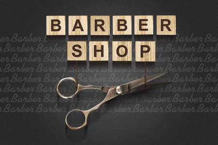 Barber Shop, word written on a wooden blocks Copy space. Beauty and fashion background. Background.の写真素材