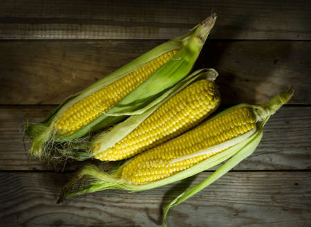 Ripe cobs of corn on the wooden backgroundの写真素材
