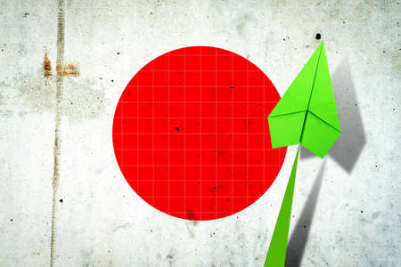 Upward arrow on the background of the flag of Japan. Paper plane. Economic recovery. Copy space.3D illustration. Business.の写真素材