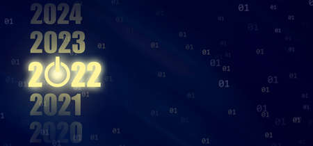 2020, 2021, 2022, 2023, 2024 neon glowing numbers on dark digital background. Power button. The...