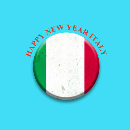 Happy New Year Italy. Italy flag, round badge on a light blue background. Isolated.3D illustration. Festive background.の写真素材
