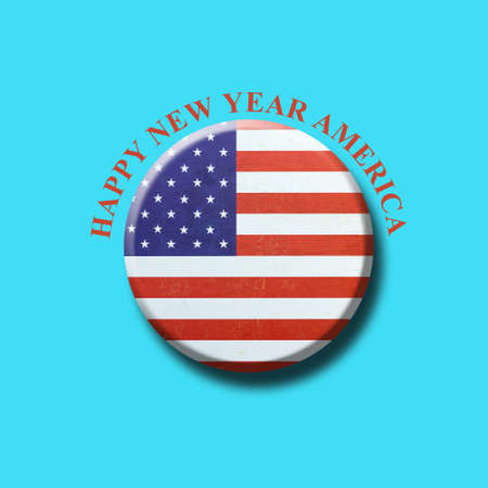 Happy New Year America. USA flag, round badge on a light blue background. Isolated. Festive background.3D illustrationの写真素材