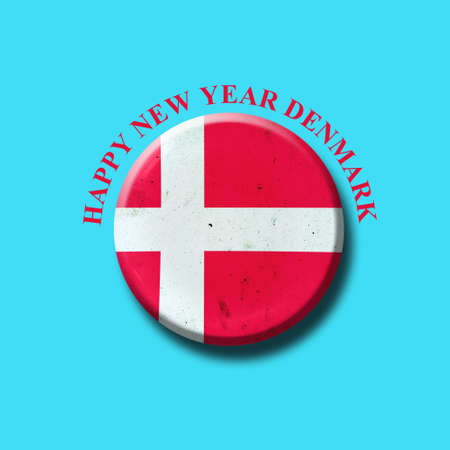 Happy New Year Denmark. Denmark flag, round badge on a light blue background. Isolated. Festive background.3D illustrationの写真素材