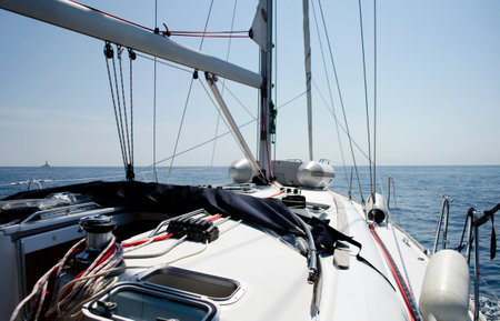 View from the yacht on the sea in the warm, clear summer dayの写真素材