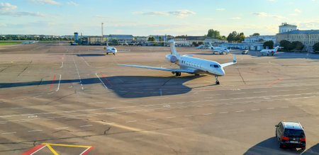Kyiv. Ukraine. 4 September. 2021. Planes in the parking lot. International airport Kyiv Zhuliany. Transport.のeditorial素材
