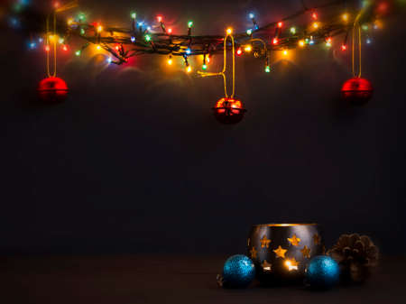 Luminous Christmas gerland on a dark background. Copy space.Christmas, New Year's background.Christmas cardの写真素材