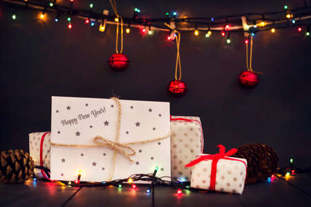 A composition with New Year's gifts and an envelope with the inscription Happy New Year Greeting card. New Year. Holidays.の写真素材