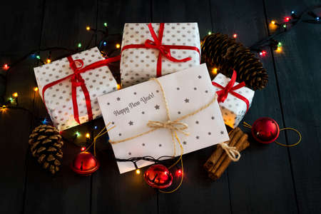 A composition with New Year's gifts and an envelope with the inscription Happy New Year Greeting card. New Year. Holidays.の写真素材