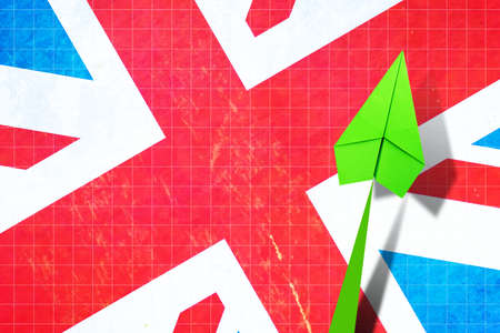 Upward arrow on the background of the flag of England. Paper plane. Economic recovery. Copy space. Business. Background.の写真素材