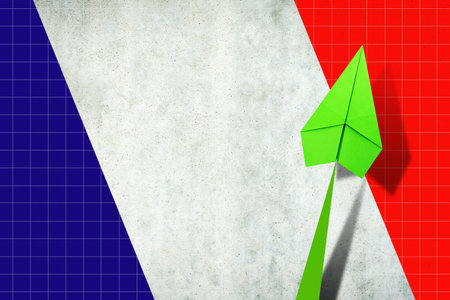 Upward arrow on the background of the flag of France. Paper plane. Economic recovery. Copy space. Business. Background.の写真素材