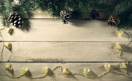Christmas New Year composition on old wooden background. Top view with copy spaceの写真素材