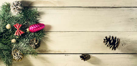 Christmas New Year composition on old wooden background. Top view with copy spaceの写真素材