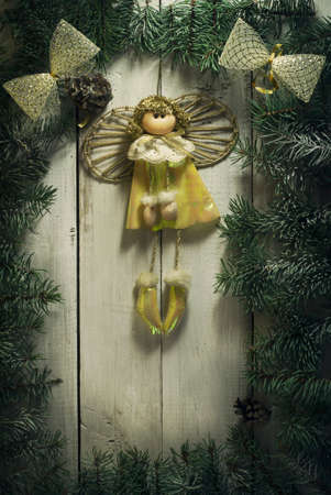 Christmas New year composition with branches of spruce on the old wooden background.Top viewの写真素材