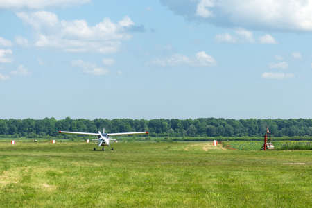 Gorodok.Ukraine. June 6, 2021. Tsuniv airfield. Training aircraft, taxiing to the parking lot of the...