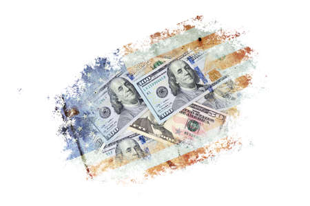 Dollar bills on the background of the American flag. Isolated on a white background. Business. Finance. Background.の写真素材