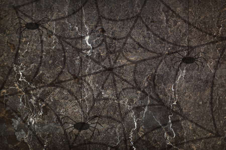 Halloween background. Old cracked wall with spider's and spiderwebs. Copy space. Holiday background.の写真素材