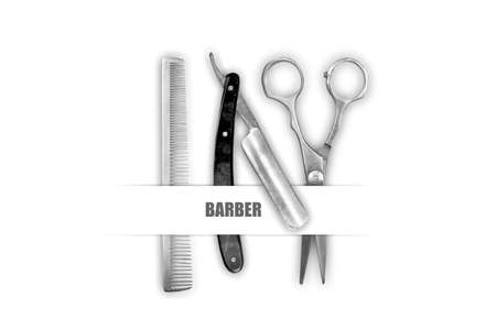 Hairdressing comb, scissors and razor on a white background. Inscription Barber. Professions. The concept of Barber Shop. Beauty and fashion.の写真素材