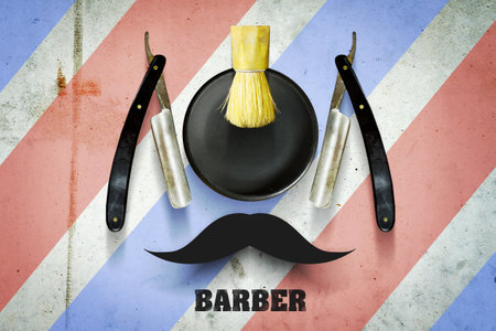 Hairdressing razor and shaving brush on a multi-colored concrete background. Inscription Barber. Professions. The concept of Barber Shop. Beauty and Fashionの写真素材