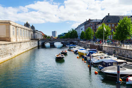 Copenhagen, Denmark - July 9, 2018. Beautiful yachts and ships on the canal. Water transport. Architecture. City landscape travelsのeditorial素材