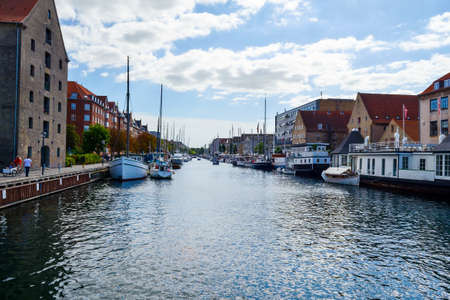 Copenhagen, Denmark - July 9, 2018. Beautiful yachts and ships on the canal. Water transport. Architecture. City landscape travelsのeditorial素材
